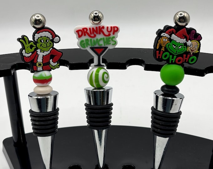 A Set of 3 ! Christmas Wine Bottle Stoppers :  Silicone Beaded Bottle Stopper | Grinch Theme | Drink Up Grinches | Barware