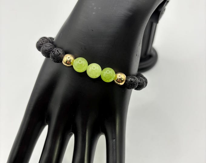 Birth Month May Gemstone Bracelet | Green Jadeite Gemstone Beads | Black Lava Gemstones  | Stretch Bracelet | Diffuser