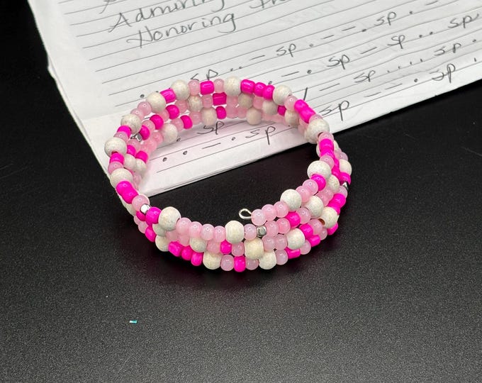 Pink Cats Eye and White Wooden Beads |  Memory Wire  Bracelet | Morse Code bracelet | Supporting the Fighter Quote