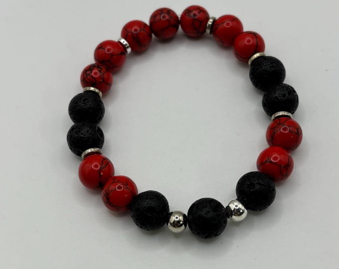 Black Lava and Red Turquoise | Turquoise bracelet | Gemstone bracelet | Stretch Bracelet | Black Lava Rock | Diffuser Bracelet