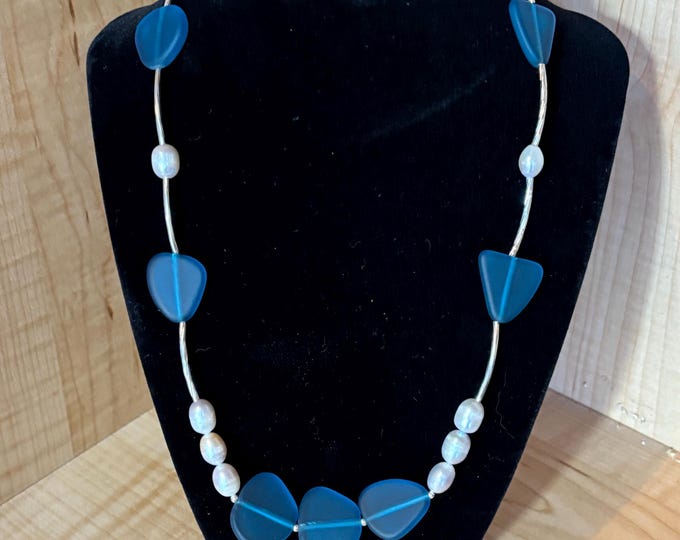 Peacock Blue Seaglass Necklace | Freshwater Pearls | Seaglass Necklace