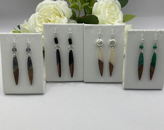 Walnut Wood Dagger Earrings | Gold Foil Earrings | Seaglass Pearl Abalone Malachite |  Sterling Silver Wires |