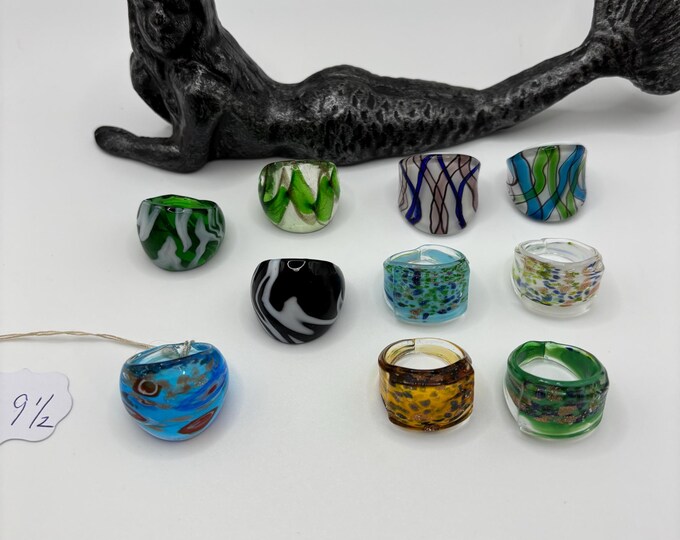 Size 9 1/2 Blue Millefiori Design Glass Ring | Statement Ring | Millefiori |