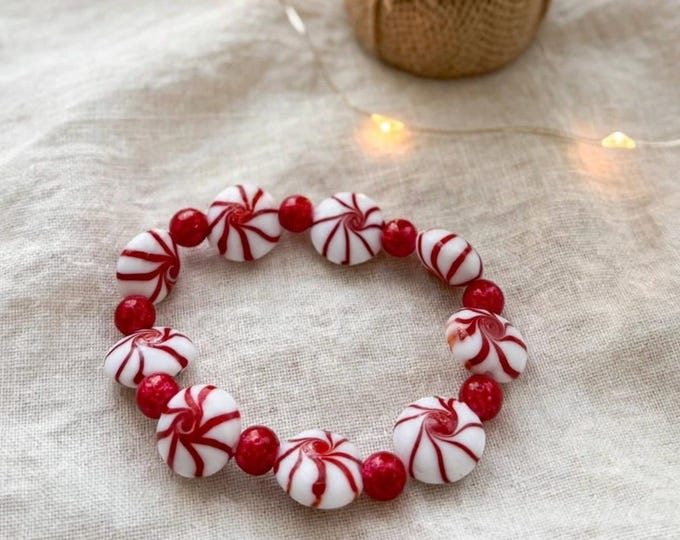 Lampwork Glass Christmas Bracelet:  Holiday  Jewelry Stretch Bracelet | Peppermint Candy Bracelet 8”