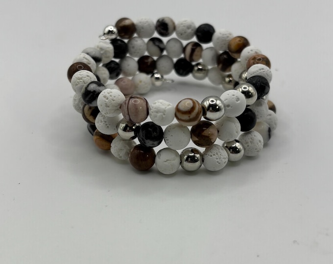 Zebra Jasper and White Lava bracelet | Memory wire bracelet | Multistrand bracelet | Zebra Jasper Gemstones | White Lava | Diffuser Bracelet