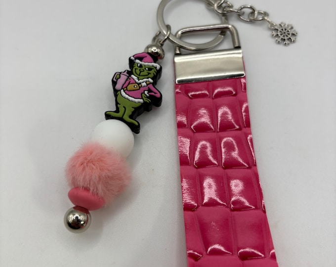 Faux Leather Beaded Wristlet Keychain  | Keychain with Silicone  | Grinch Theme |   Keychain | Key Fob  | Pink Faux Alligator