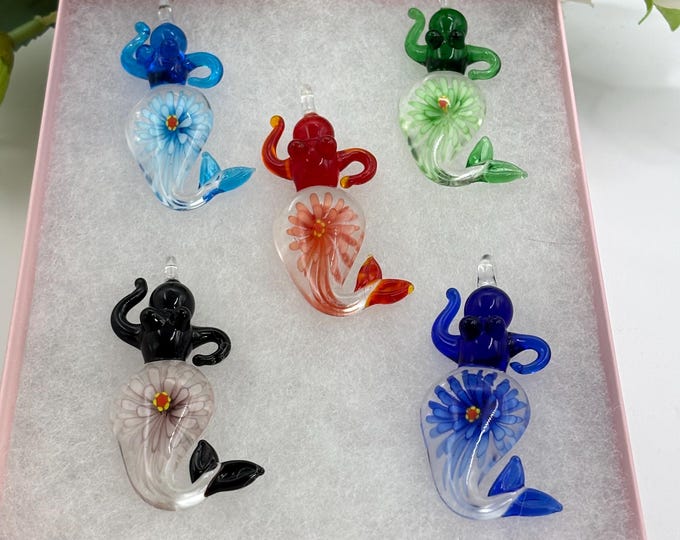 A Gift Set of 6 Murano Inspired Mermaid Pendants | Lampwork Pendant | Mermaid Necklace  | Interchangeable With Black & white Cords