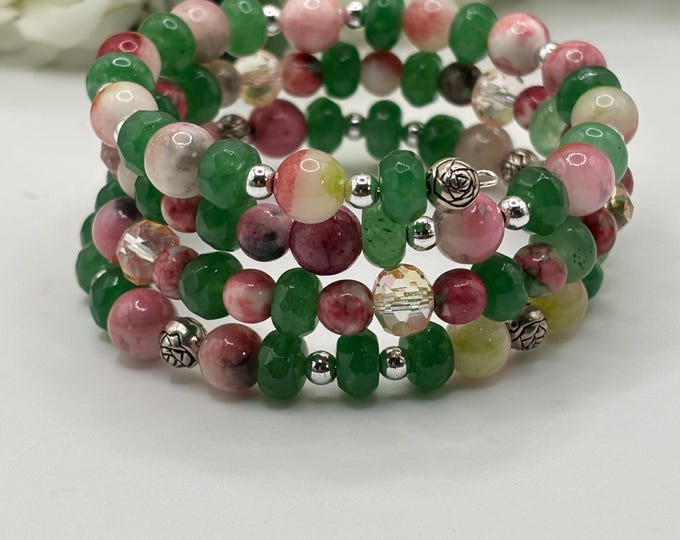 Aventurine and Rain Flower Jade Gemstone  Bracelet | Memory Wire Bracelet | Multi-Strand Bracelet | Gemstone Bracelet