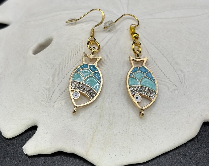 Gold and Blue  Fish Earrings  | Crystal Accents |  Earrings |