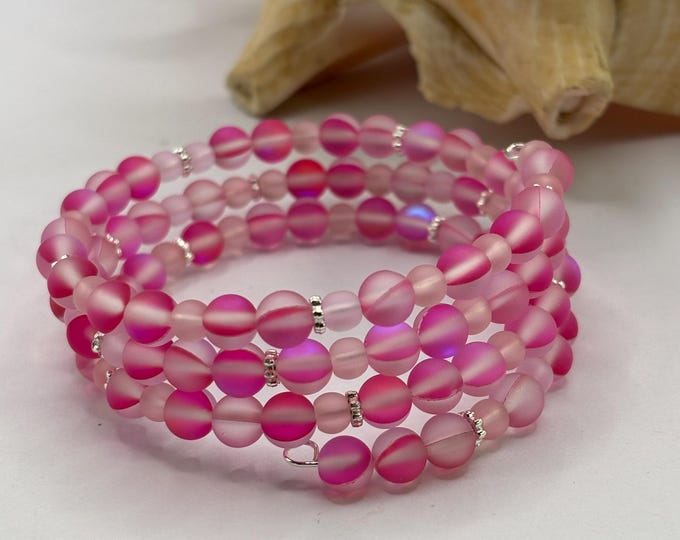 Fuchsia and Pink Seaglass Bracelet | Memory Wire Bracelet | Multi-Strand Bracelet |  Fuchsia AB Fused Beach Glass
