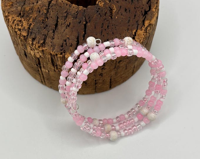Pink Cats Eye and White Wooden Beads | Memory Wire Bracelet | Multi-Strand Bracelet |