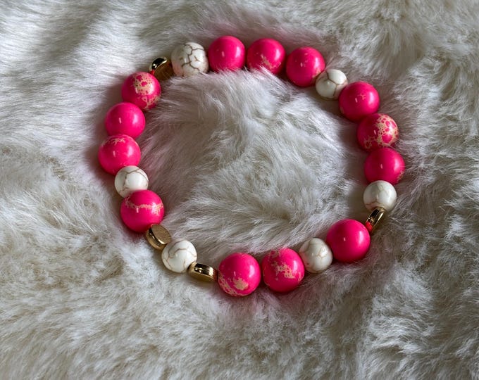 White and Hot Pink  Howlite | Gemstones | Gemstone bracelet | Stretch Bracelet | Morse Code bracelet | Badass