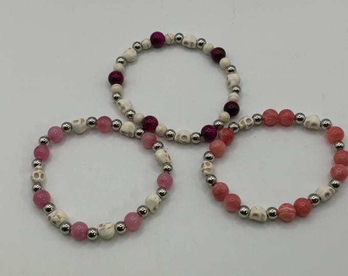 Pink Jade Gemstones | Halloween Gemstone bracelet | Stretch Bracelet | Skull bracelet | Pinkoween