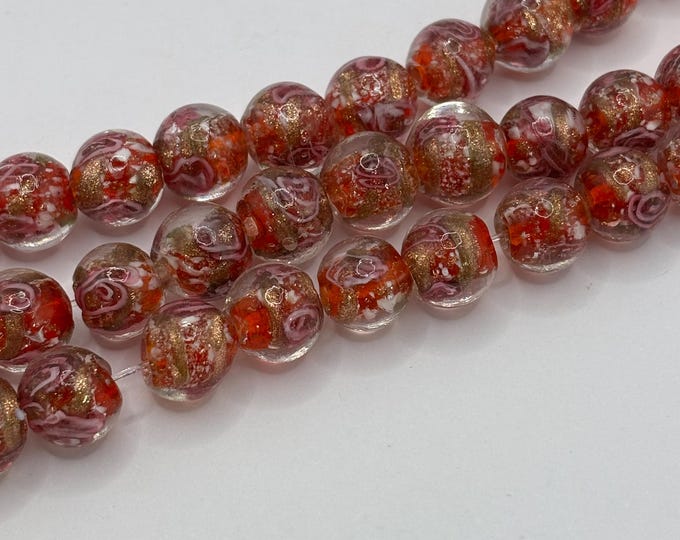 Lampwork Glass Bead Strand | Red with Pink and Sand | Lampwork Bead 14 bead Strand | 12 mm beads