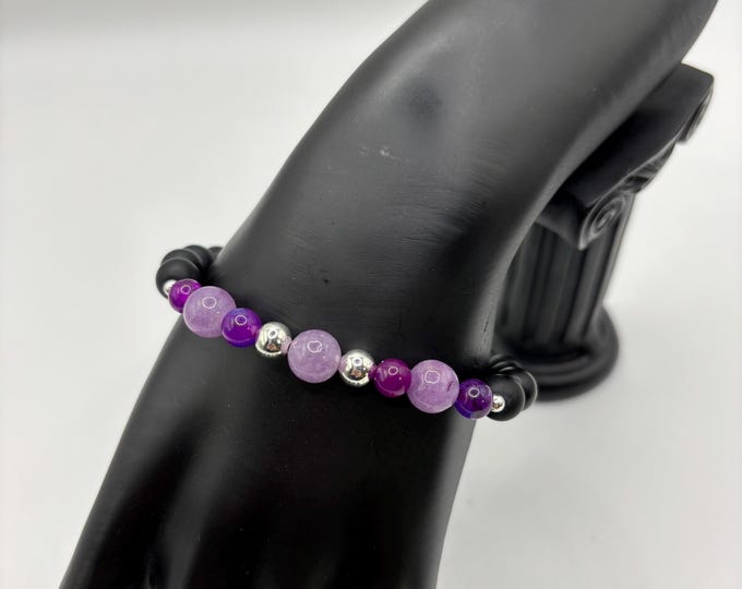 Birth Month February Gemstone Bracelet | Obsidian Gemstone Beads | Amethyst Gemstones | Lilac Stone Bracelet  | Stretch Bracelet