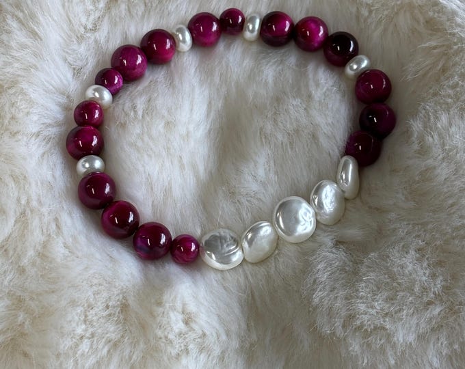 Freshwater Pearls and Tiger Eye Gemstones | Gemstone bracelet | Stretch Bracelet | Morse Code bracelet | Badass