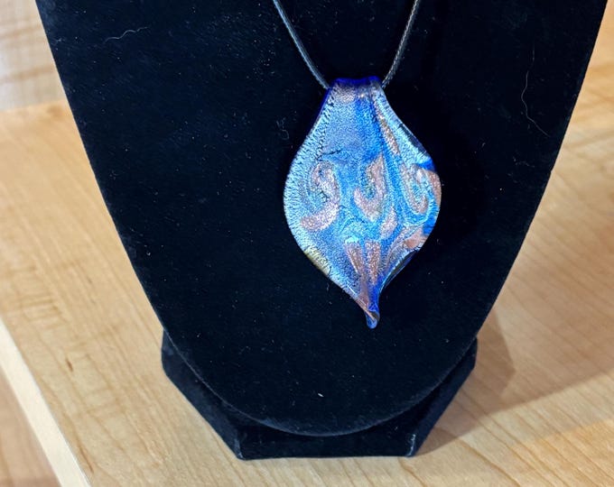 Blue Leaf Murano Inspired Pendant Necklace  | Glass Leaf Pendant |  Sand Accent | Lampwork Pendant | Necklace With Cord