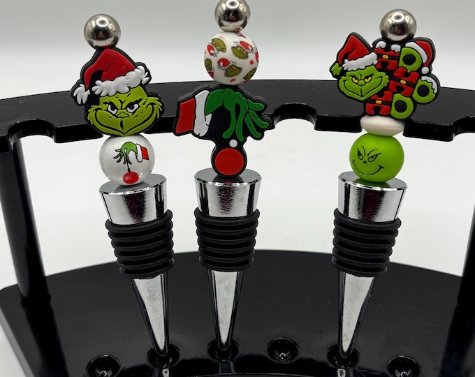 A Set of 3 ! Christmas Wine Bottle Stoppers :  Silicone Beaded Bottle Stopper | Grinch Theme | Drink Up Grinches | Barware