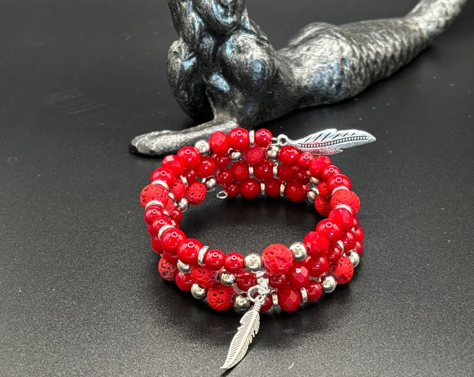 Red Coral and Red Lava Bracelet  | Memory wire bracelet | Multistrand bracelet | Coral gemstones | Red Lava Rock | Feather charms | Diffuser