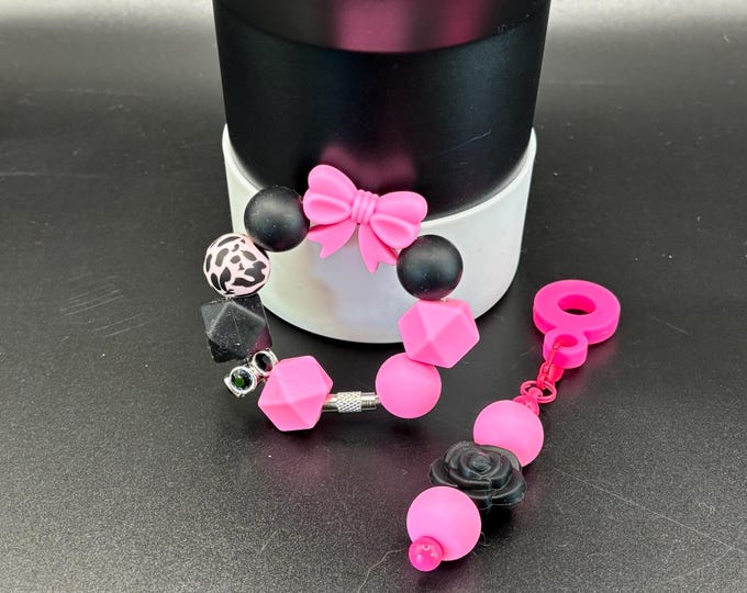 Girly Hot Pink and Black Stanley Cup Bracelet:  Cup Handle Bracelet | Straw Charm | Purse Bracelet | Animal Print