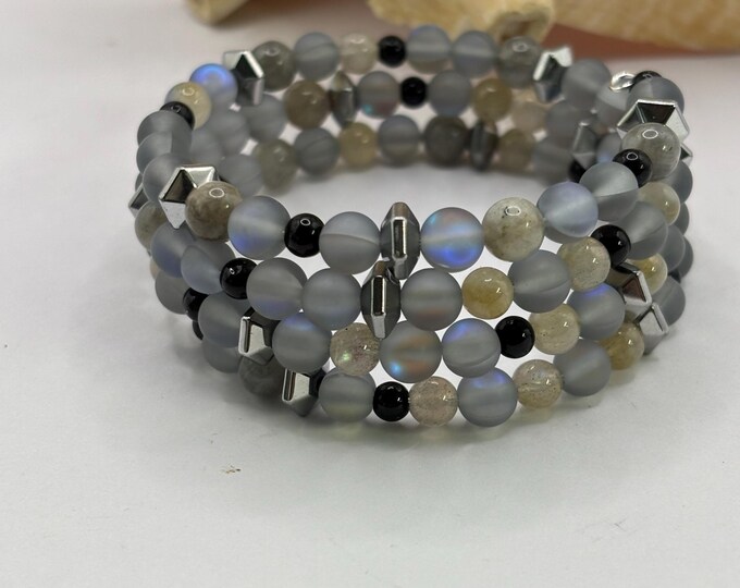 Labradorite and Seaglass Bracelet | Memory Wire Bracelet | Multi-Strand Bracelet | Black Agate Gemstones | Smoke AB Fused Beach Glass
