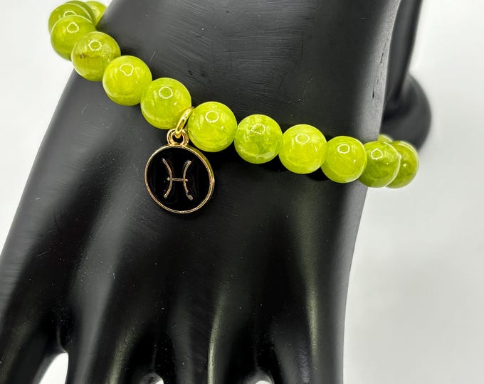 Zodiac Pisces  Gemstone Bracelet |  Pisces Serpentine Jade  Bracelet  | Stretch Bracelet