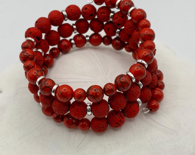 Red Turquoise Howlite and Red Lava Rock Bracelet  | Memory wire bracelet | Multistrand bracelet | Red Turquoise | Lava Rock  | Diffuser