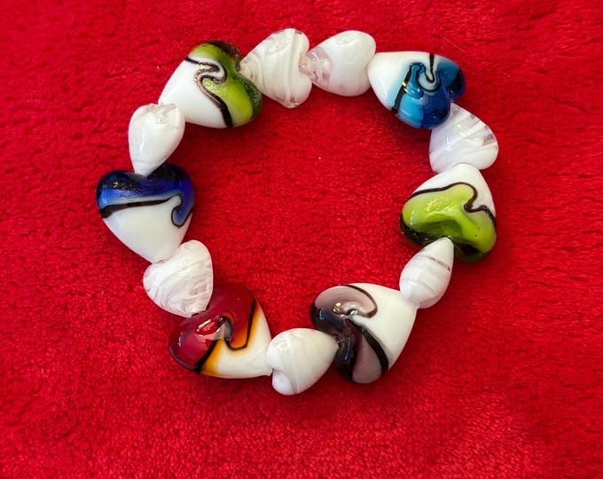 Valentine Theme Murano Inspired Lampwork Glass Heart Bracelet:  Valentine Jewelry Stretch Bracelet |