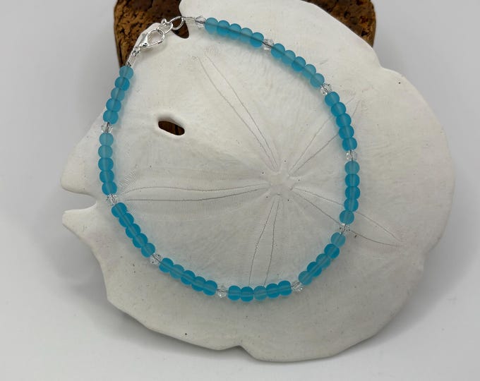 Turquoise Blue Seaglass Anklet |  Turquoise Blue Seaglass | Ankle Bracelet | Seaglass Jewelry | Swarovski Crystals