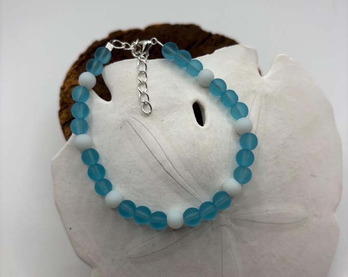 Turquoise Blue Seaglass Bracelet | Blue Seaglass | Seaglass Bracelet | 6 mm beads with white Seaglass  accent beads
