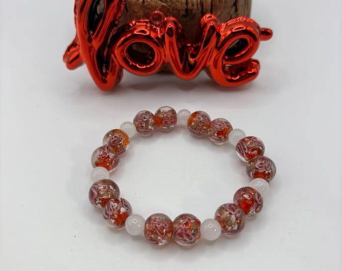 Valentine Theme Murano Inspired Lampwork Glass  Bracelet:  Valentine Jewelry Stretch Bracelet | Moonstone Gemstones