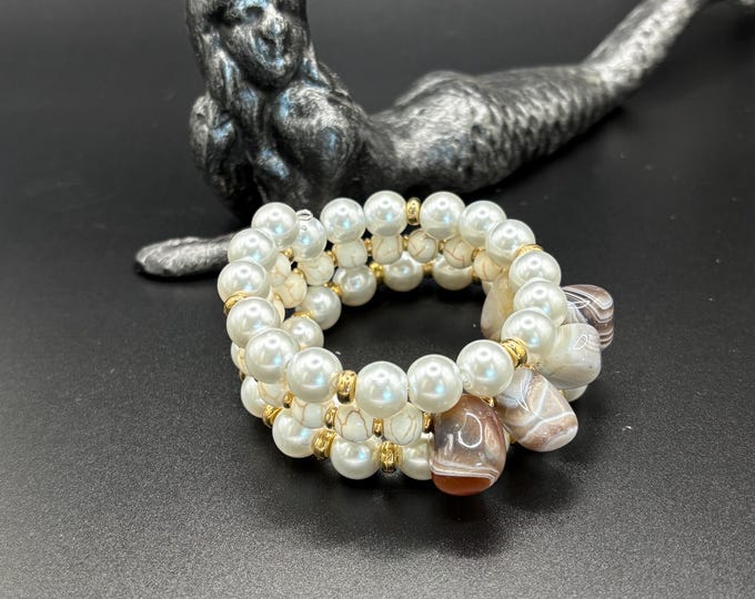 Botswana Agate Memory Wire Bracelet | White Pearl bracelet | Memory wire bracelet | Multistrand bracelet |  Howlite