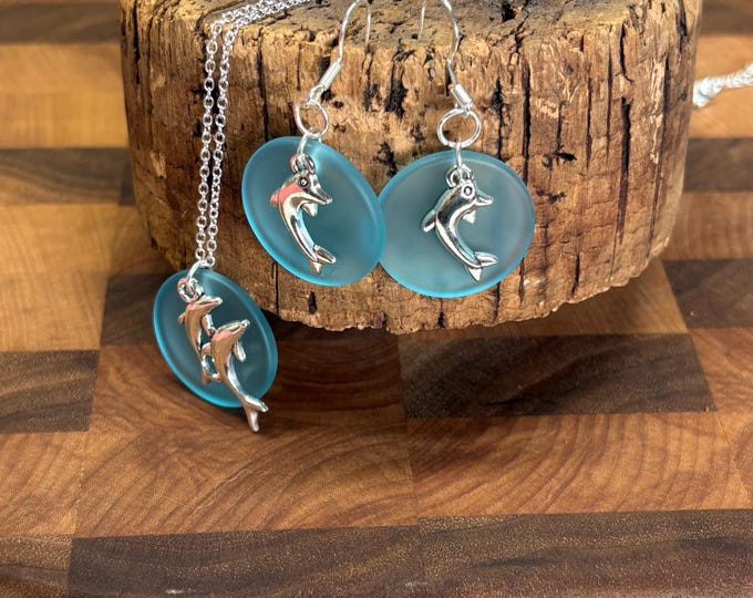 Blue Seaglass Earrings and Necklace | Turquoise Blue  Seaglass | Seaglass Jewelry Set  with Charm | Dolphin Jewelry