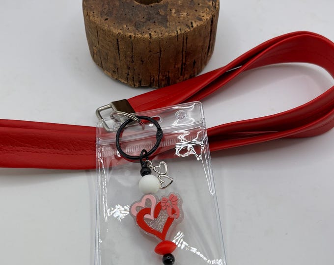 Red Faux Leather Beaded Lanyard | Heart Theme |  Beads and Charm | Cruise Lanyard | Badge Sleeve