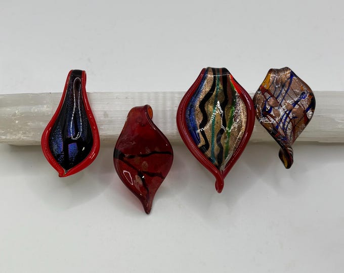 Red  Murano Inspired Pendant Necklace  | Glass Leaf Pendant | Gold Accent | Lampwork Pendant | Necklace With Cord