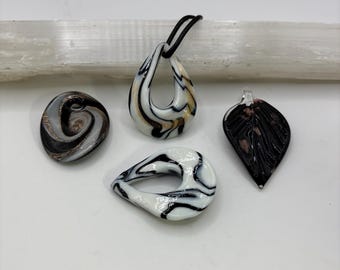 Black and White Murano Inspired Leaf Pendant Necklace  | Glass  Pendant | Lampwork Pendant | Necklace W/ Cord | Tiger Inspired