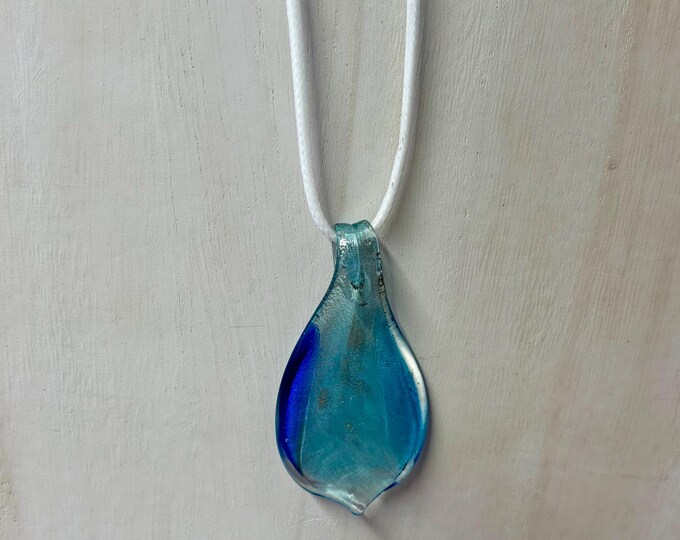 Blue Leaf Murano Inspired Pendant Necklace  | Glass Leaf Pendant | Silver Accent | Lampwork Pendant | Necklace With Cord