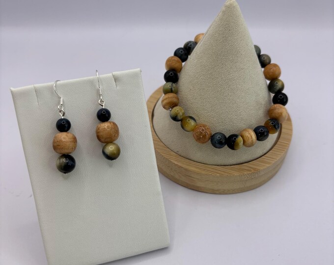 Baseball Bat  Repurposed Jewelry  | Baseball bat Wood Earrings | Baseball Bat Bracelet | Gift Set Option | Dream Tiger Eye