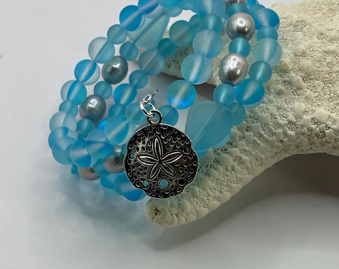 Turquoise Seaglass Bracelet | Silver Freshwater Pearls |  Multi Strand Seaglass Bracelet | Sand Dollar Accent