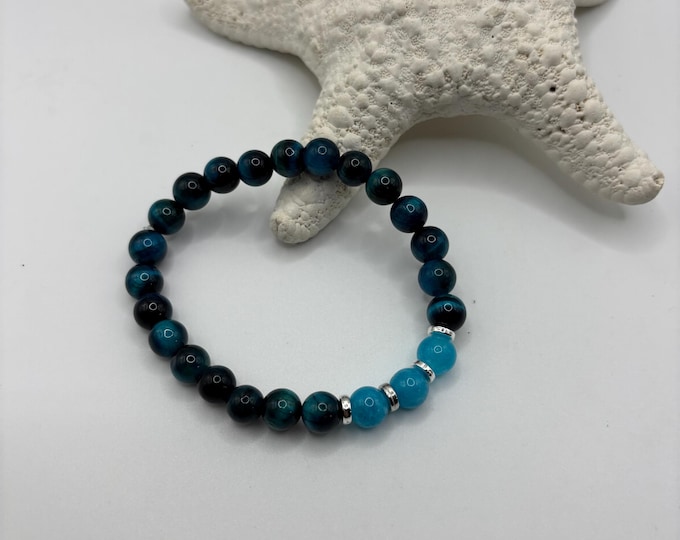 Birth Month September Gemstone Bracelet | Apatite and Blue Tiger Eye Gemstones Bracelet  | Stretch Bracelet