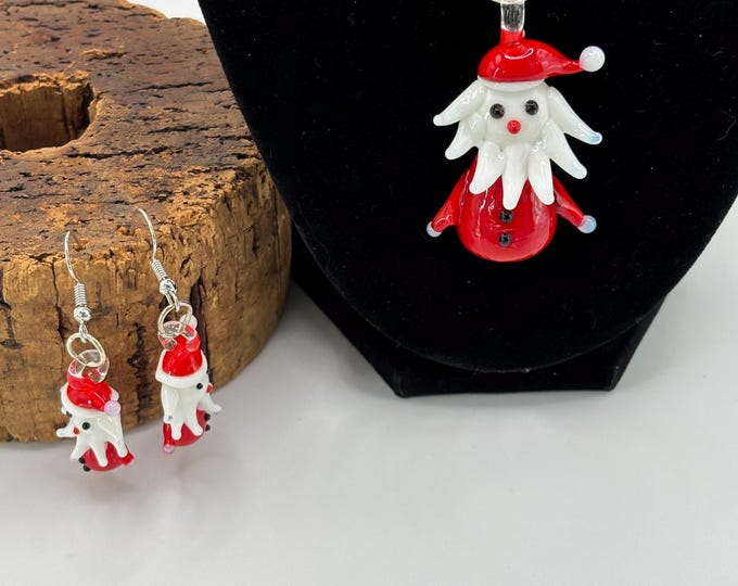 Murano Inspired Glass Santa  | Glass Pendant and Earrings  | Lampwork Glass |  Christmas Pendant | Holiday pendant | Santa Set