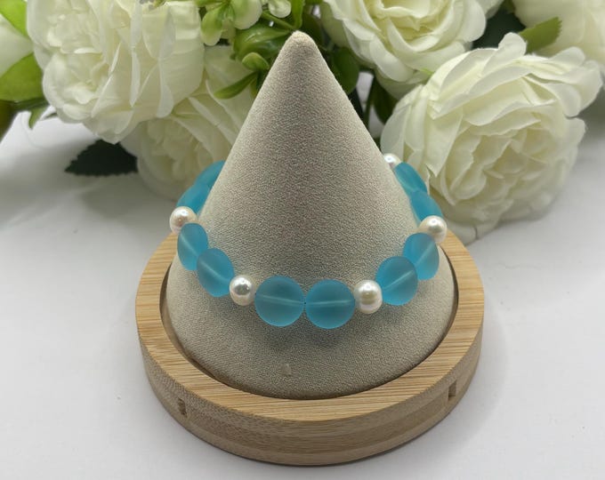 Turquoise Blue Seaglass Bracelet | Blue Seaglass | Seaglass Bracelet | Puffed Coin with Freshwater Pearls