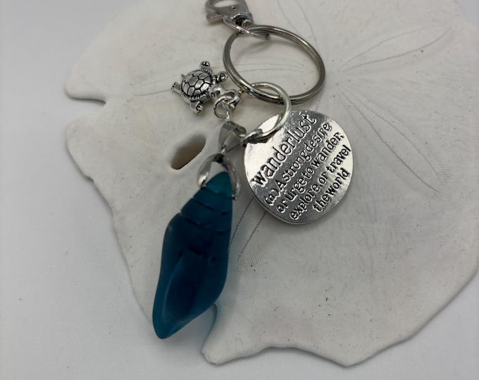 Seaglass Keychains Wanderlust  | Keychain with Seaglass and Charm | Coastal Keychains  | Sea Shore Keychain