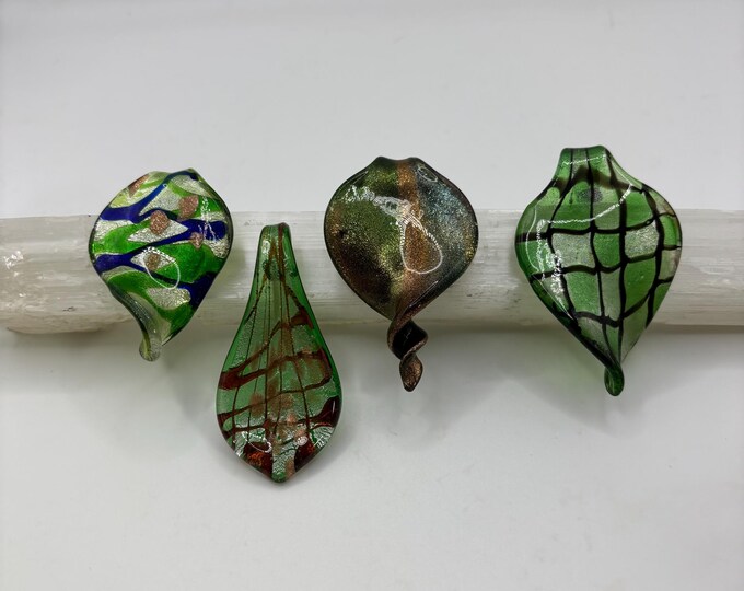 Green Murano Inspired Pendants  | Glass Leaf Pendant |  Sand Accent | Lampwork Pendant | Necklace With Cord