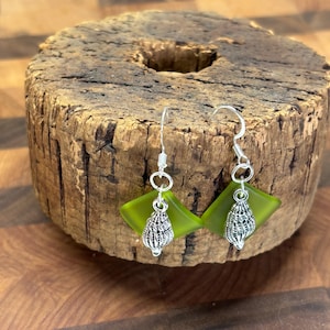 Green Seaglass Earrings | Green Seaglass | Seaglass Earrings with Shell Charm |