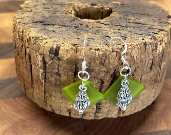 Green Seaglass Earrings | Green Seaglass | Seaglass Earrings with Shell Charm |