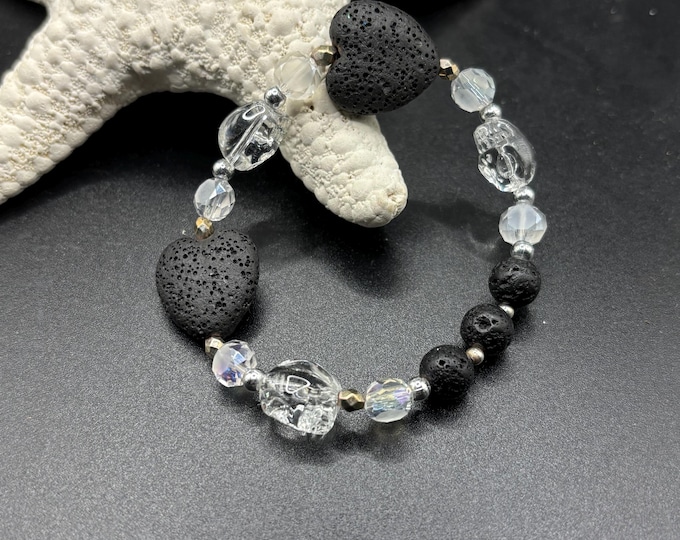 Black Lava Rock | Lava Rock Heart Gemstones | Crystal Skulls | Stretch Bracelet |