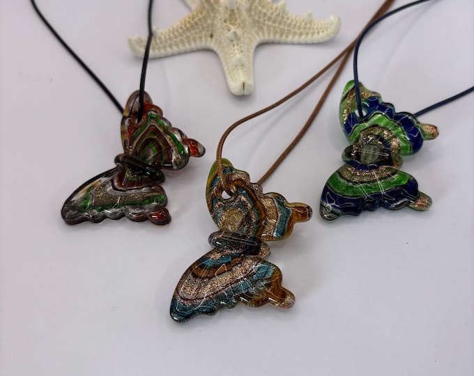 Butterfly Pendant Necklace | Lampwork Glass Butterfly | Glass Butterfly Pendant Necklace |Necklace With Cord | Murano Inspired