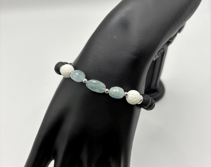 Birth Month March Gemstone Bracelet | Aquamarine Gemstone Beads | Aquamarine Bracelet | White and Black Lava | Diffuser | Stretch Bracelet