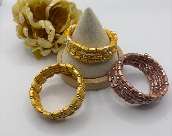 Pink or Yellow Hematite Gemstone Bracelet | Memory Wire Bracelet | Multistrand Bracelet  | Magnetic Bracelet